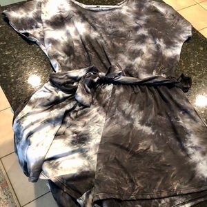 Tie dye shorts romper with pockets and tie